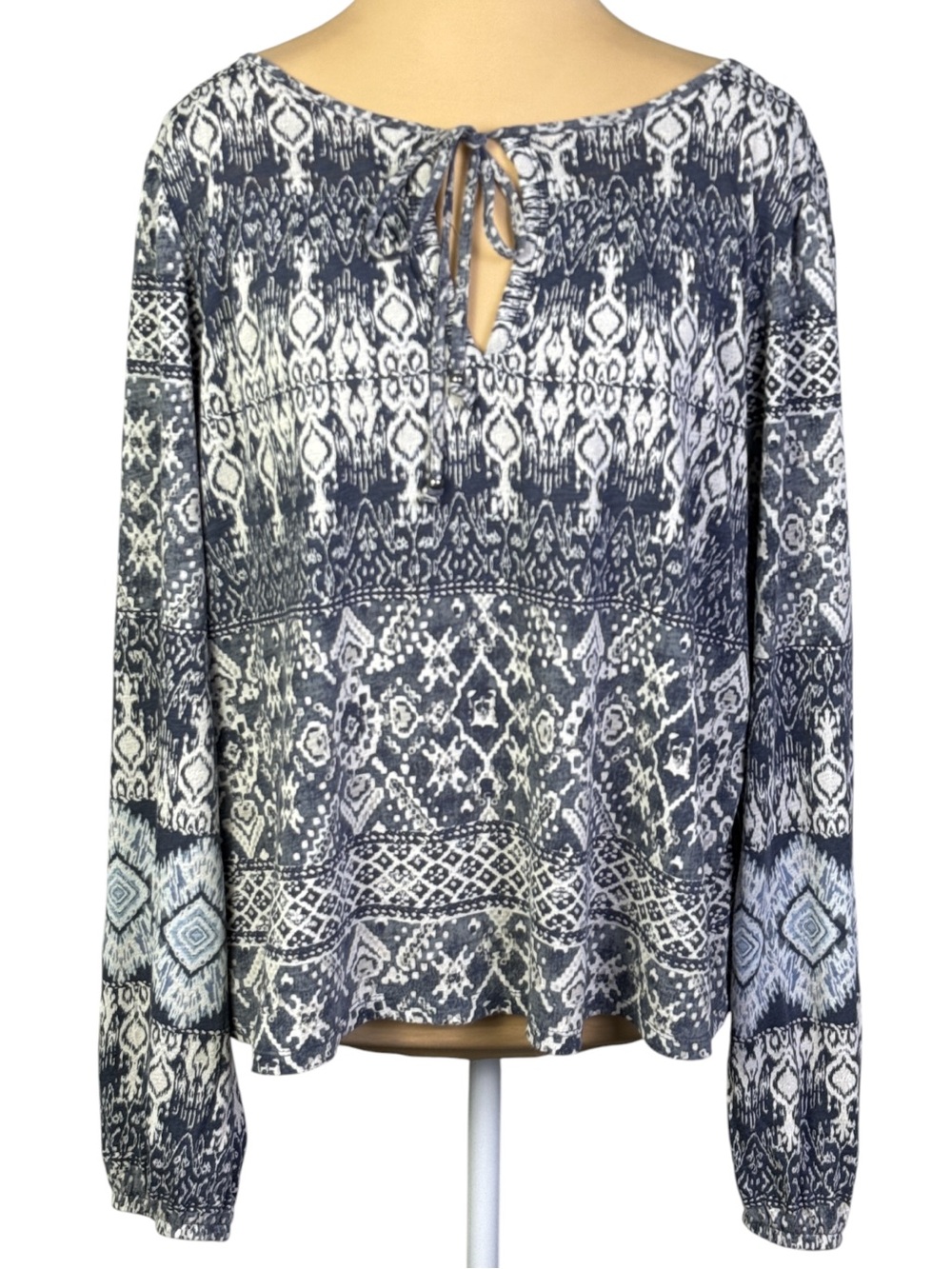 Lucky Brand Boho Peasant Top Gray/Cream/Blue Aztec Patterned Long-Sleeve Size M